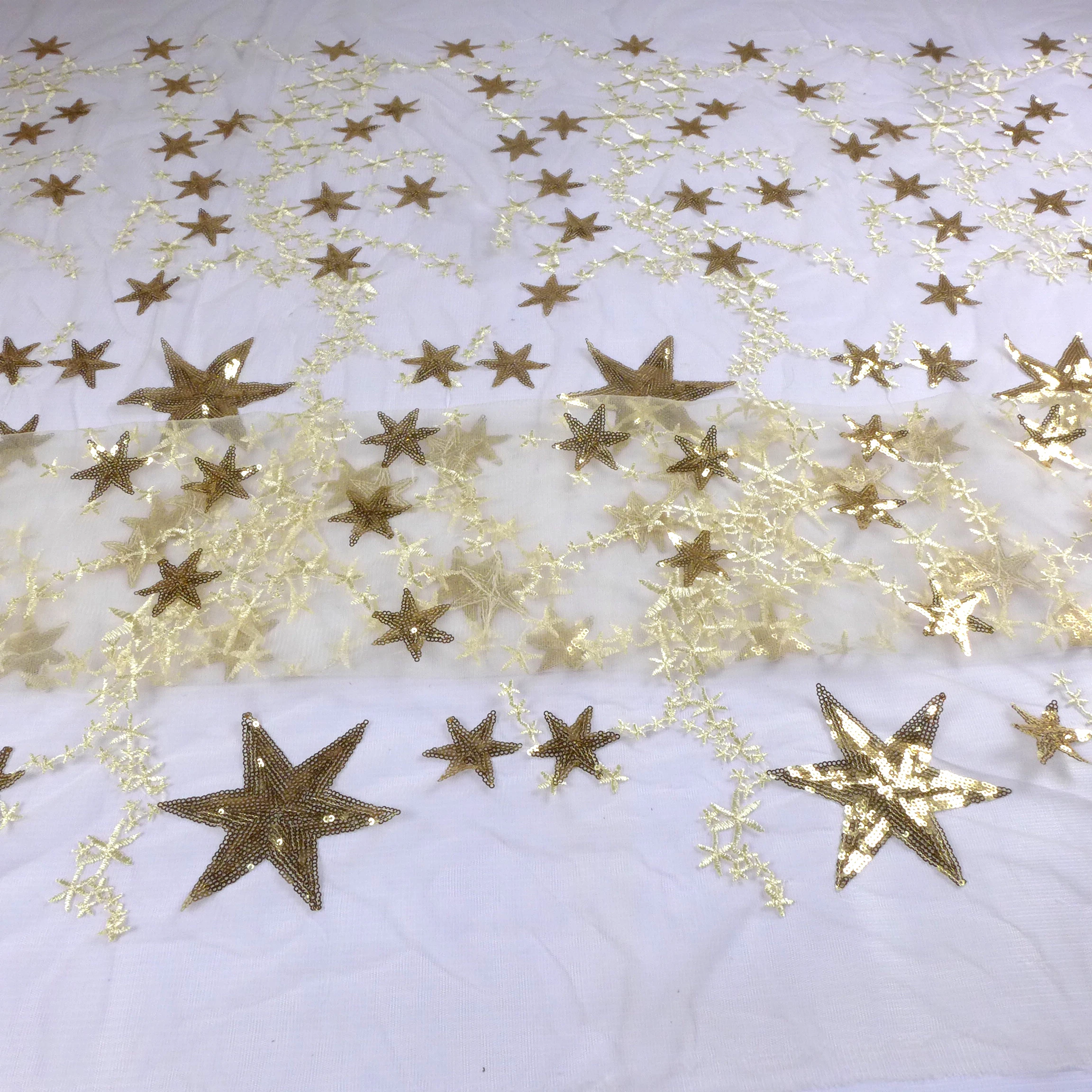 

5 yards Gold stars with biege on netting embroidered bridal/ evinging/show dress lace fabric 130cm width