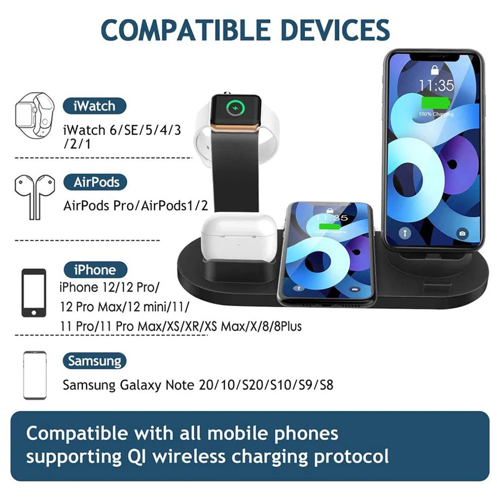 Беспроводная зарядная станция для Apple iphone 13 12 11 Watch Airpods Pro 6 портов вращающаяся