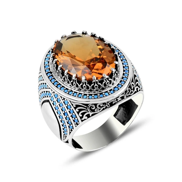 

Free shipping men ring 925 sterling silver tuquoise stone and zultanit zircon