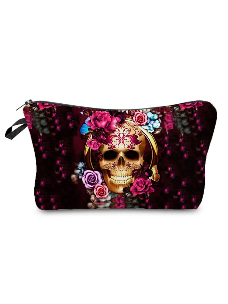 

Rose Printed Skull Makeup Bag Halloween Candy Bag Portable Female Retro Cosmetic Bags Wash Bag High Quality Gift Bag Pencil Case
