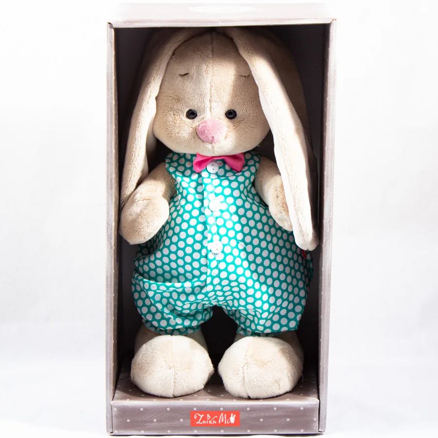 Мягкая игрушка зайка "Буди Баса Басс" в изумрудных комбинезонах, 32 см, сюрприз для детей.