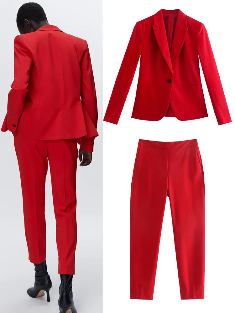

202new women's red temperament simple basic suit jacket + slim pocket decoration casual and ankle pants casual professional suit