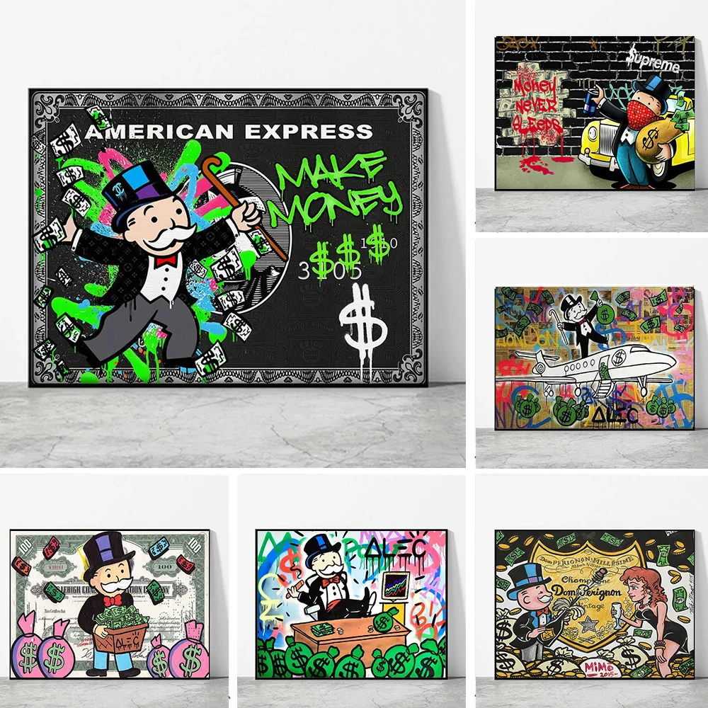 

Rich man Canvas Painting Cartoon Portrait Money Art Poster and Print Graffiti Wall Art Picture for Living Room Pop Home Decor