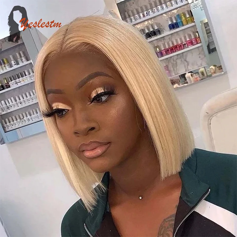 

Yeslestm Hair 613 Blonde Short Straight Bob 13X4X1 T Part Lace Front Wig Human Hair 150% Density Pre Plucked 14 Inch For Women