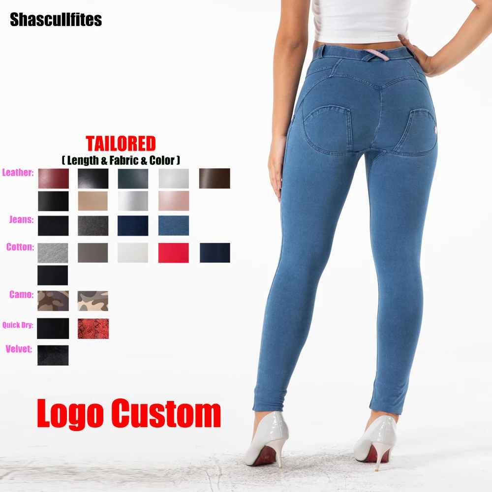 Shascullfites Melody Tailored Pants Women Logo Custom Middle Waist Light Blue Jeans Bum Lift Leggings Women Skinny Denim Pants