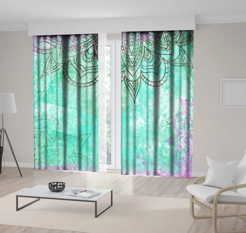

Curtain of Mandalas Ethnic Floral Pattern Grunge Aged Effect Vintage Style Oriental Artwork Printed Green Purple