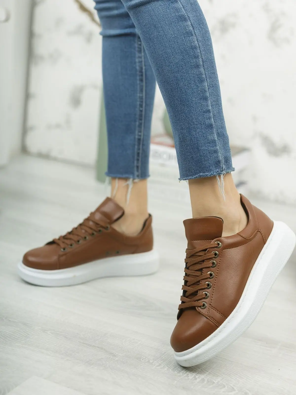 Chekich Brown Color White Sole Lace-up Artificial Leather Women Shoes Orthopedic Odorless Eco-Friendly 4 Seasons Vegan CH257