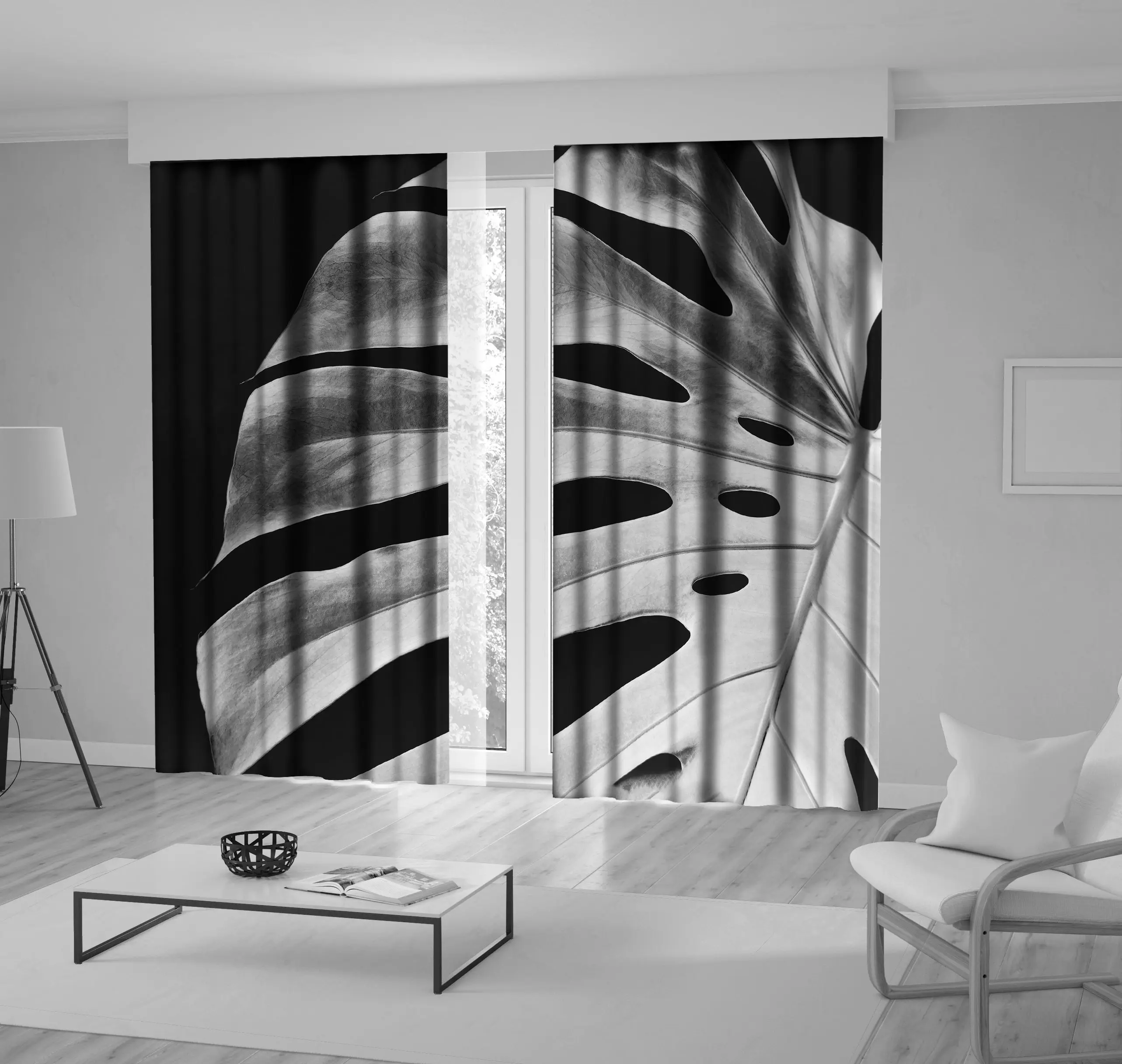 

Curtain Monstera Leaf Tropical Plants Nature Closeup Modern Photo Printed Black Gray White