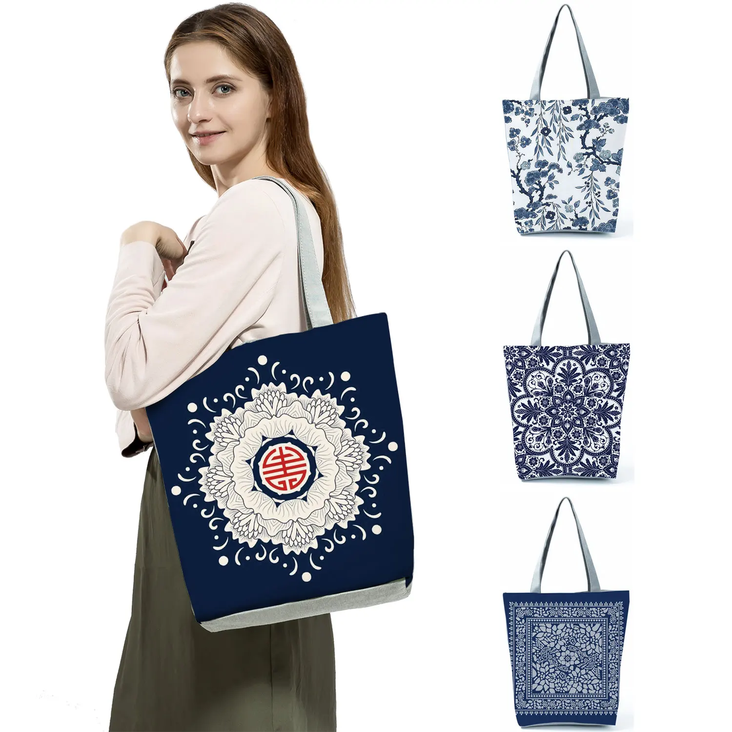 

Classic Lady Handbag Chinese Style Floral Porcelain Printed Abstract Pattern Shoulder Bag Casual Teenager Book Tote for Shopping