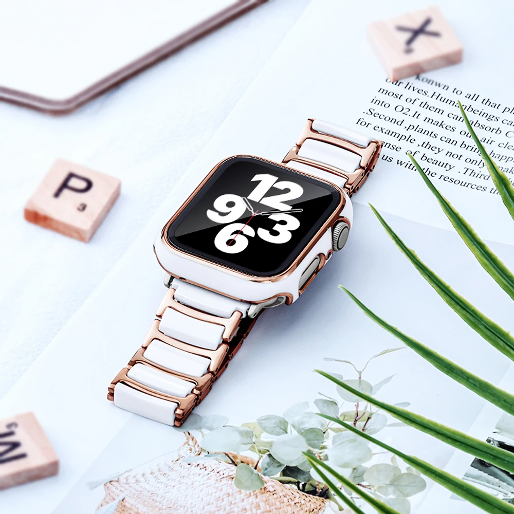 Керамический ремешок и чехол для Apple Watch band 44 мм 45 42 звеньевой браслет iWatch series 7 6 5 4 3
