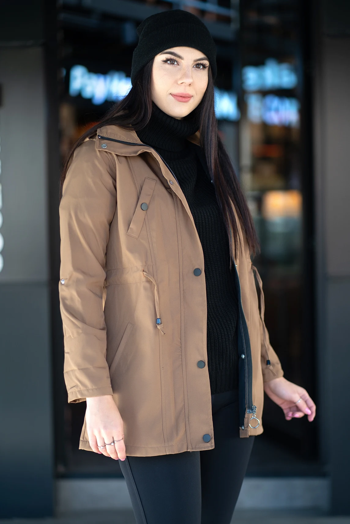 

Women's Camel Foldable Sleeve Trench Coat