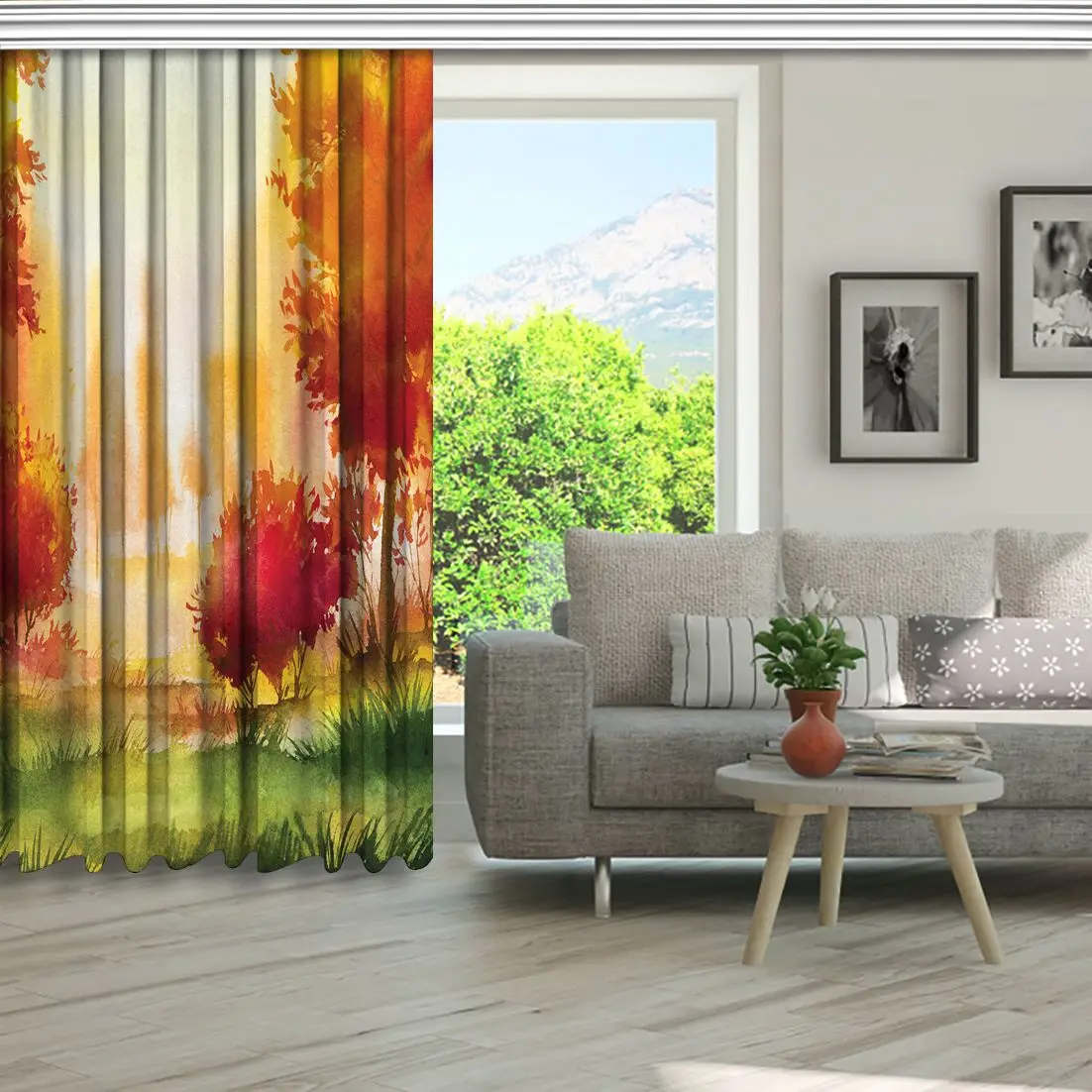 Занавеска осенний пейзаж с деревьями трава Восход вид Акварельная иллюстрация