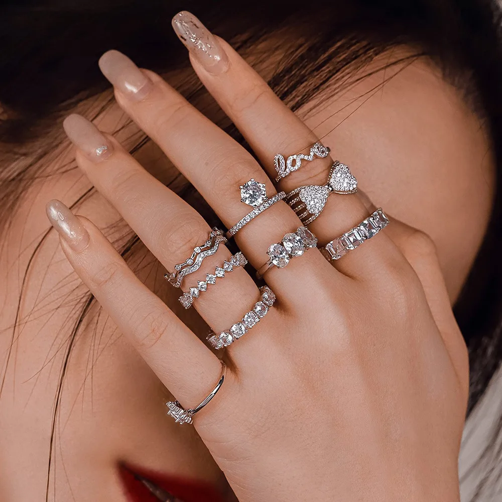 

Authentic 100% 925 Sterling Silver Women Rings Sparkling Teardrop Halo Princess Tiara Crown Flower Beaded Rings Women Jewelry