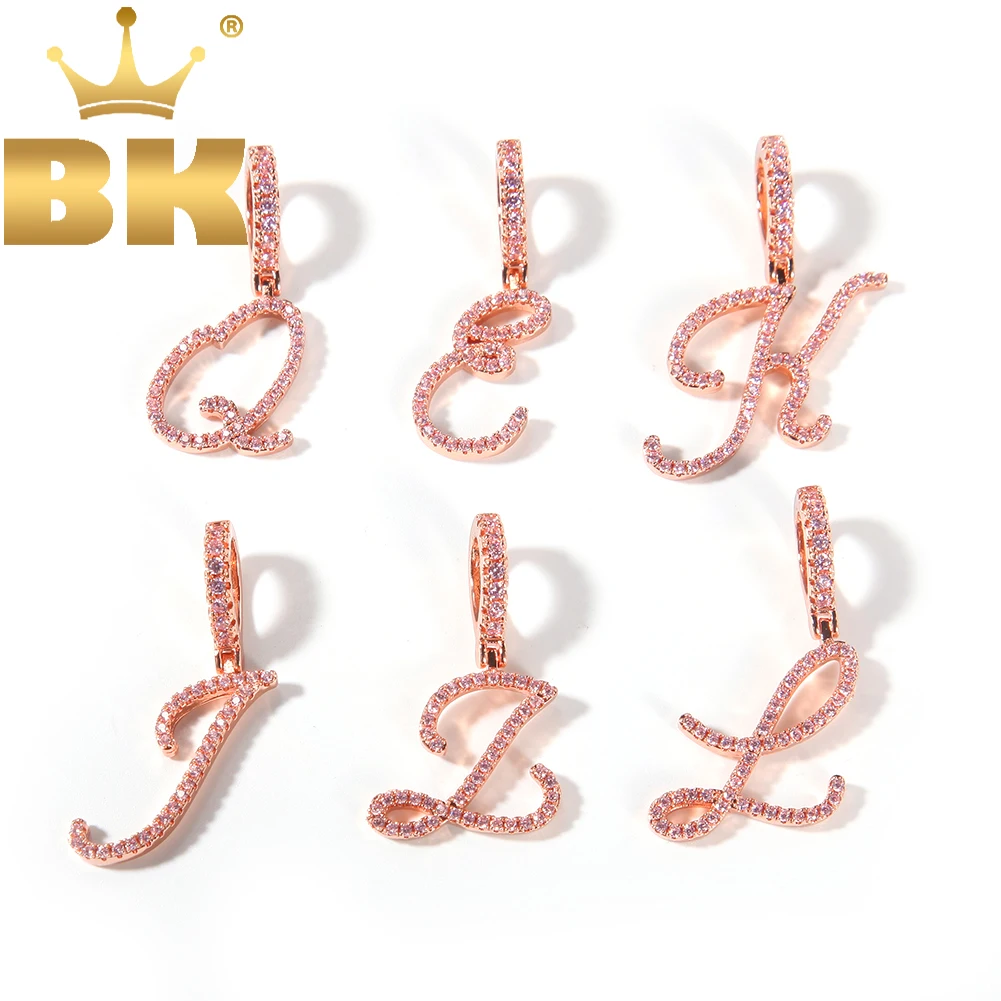 

THE BLING KING Custom Cursive Pink Initial Letter A-Z Pendant Necklace Fashion Iced Cubic Zirconia Hiphop Jewelry Best Gift