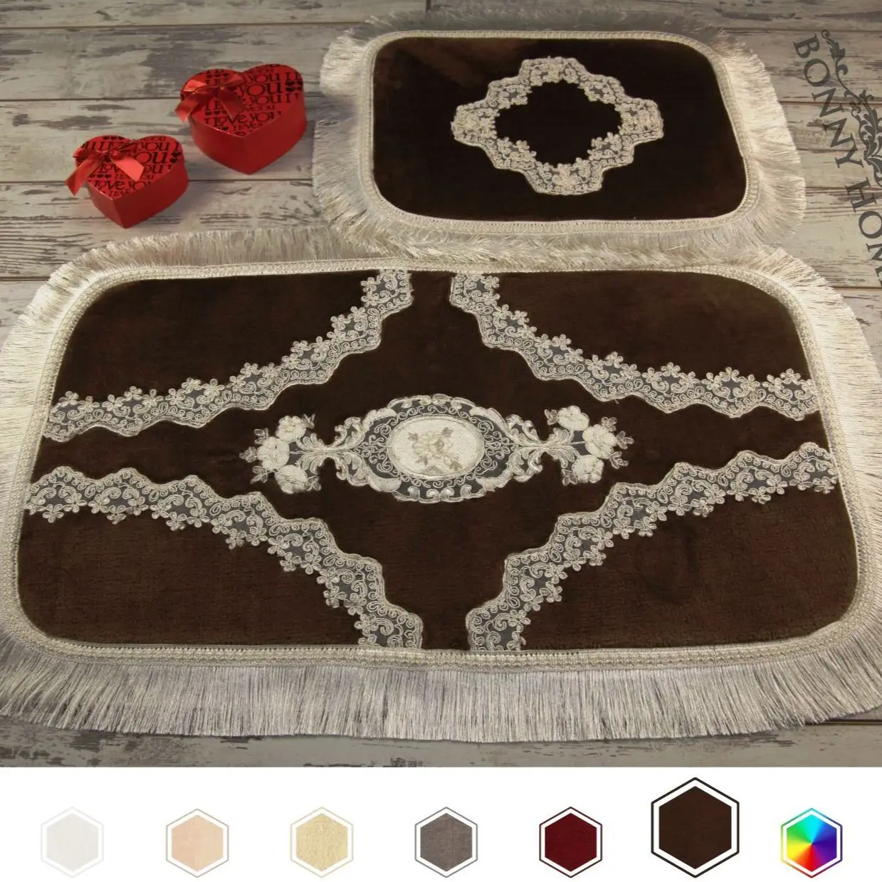 

Bonny Home Exclusive Rectangle Brown 2 Pieces French Lacy Plush Bath Mat Non Slip Leather Based Machine Washable Rug Set