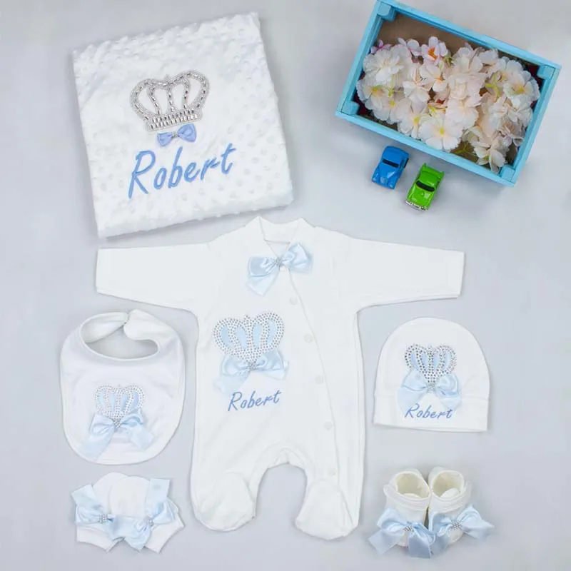 Personalized Newborn Baby Rompers Blanket Suit Name Embroidered Girls Boys Clothes 6 pcs Set's Clothing Babies Toddler Clothes