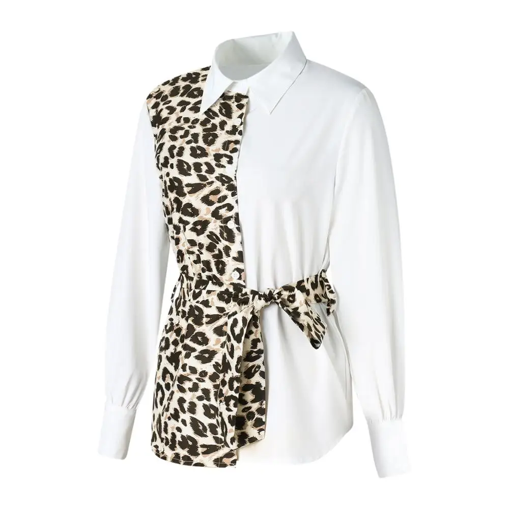 

Women's Shirts Lapel Leopard White Splicing Bow Waisted Shirts Autumn Spring Office Lady Button Down Turn down Collar Top
