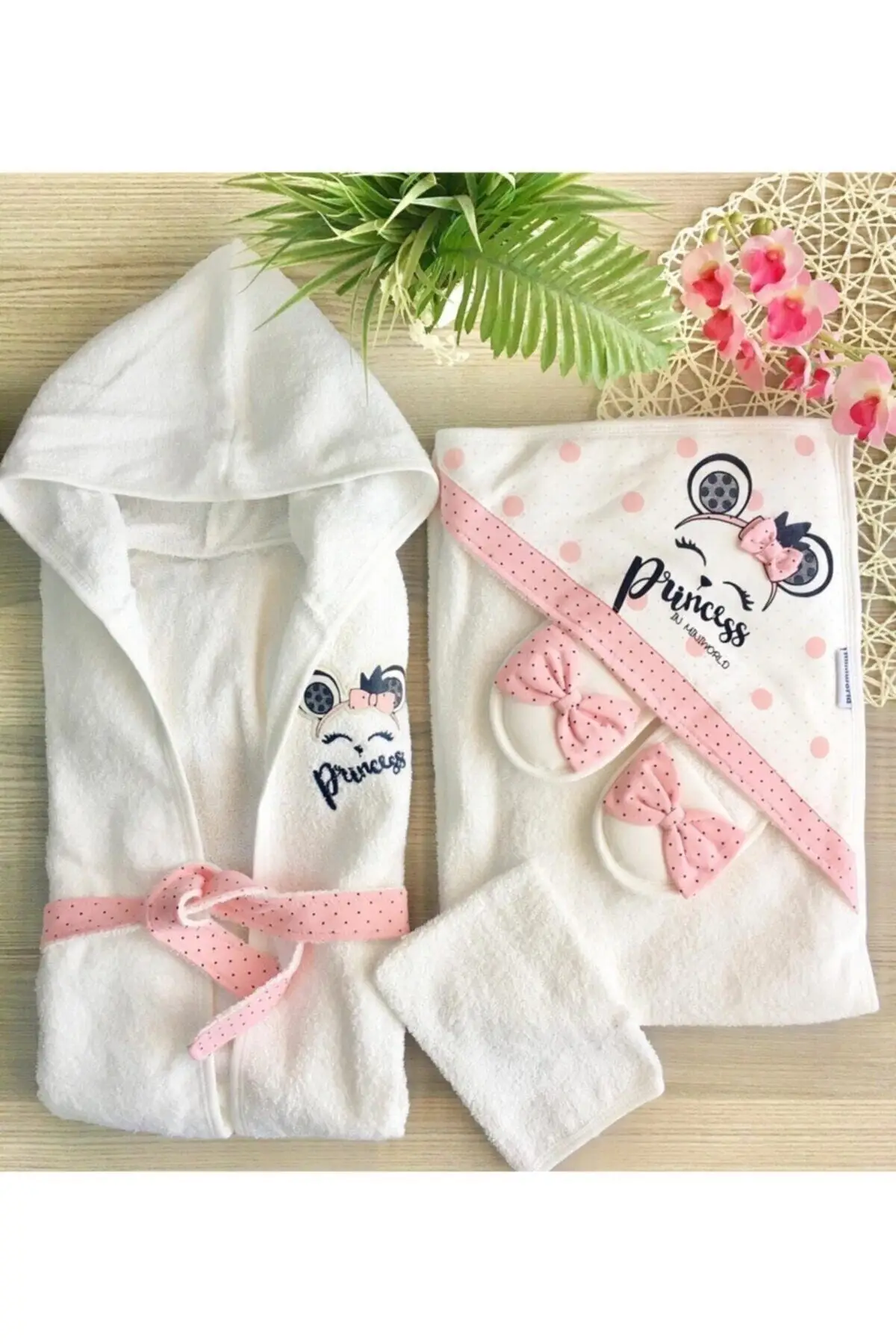 

Baby Girl Towel Bathrobe Set Newborn 5 Pieces %100 Soft Cotton Hoded 0-2 Years Toddler Cute Princess Printed Infant Wrap