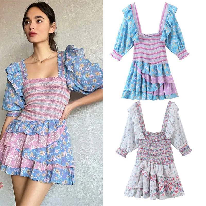 

Boho Inspired Mixed Floral Prints Ruffled Party Dress Puff Sleeve Square Neck Smocked Sexy Laides Dress Mini Chic Summer Dress