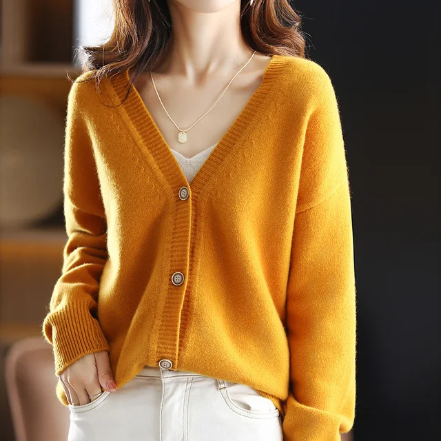 

New Korean style solid color V-neck knitted long-sleeved sweater women's pure wool sweater coat