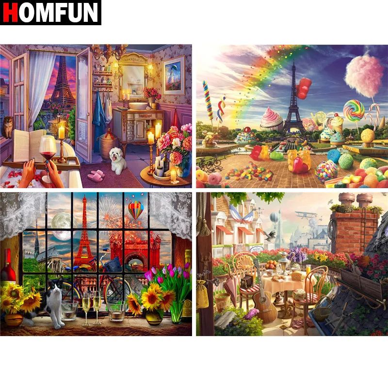 

Алмазная 5D картина HOMFUN, алмазная вышивка с полным заполнением, «Пейзаж Эйфелевой башни», картина стразы, домашний декор ручной работы