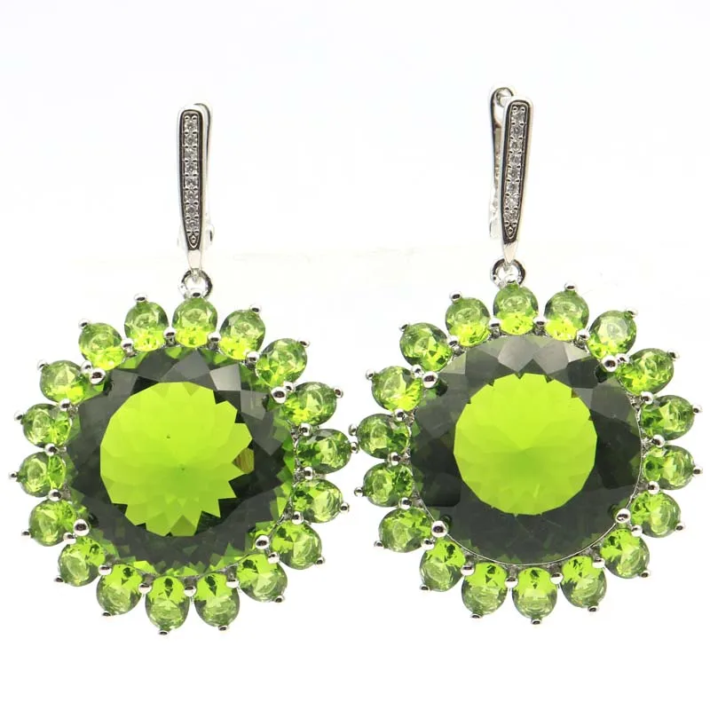 

47x31mm New Arrival Big Round Gemstone 20g Created Green Peridot CZ Dating Women Silver Earrings