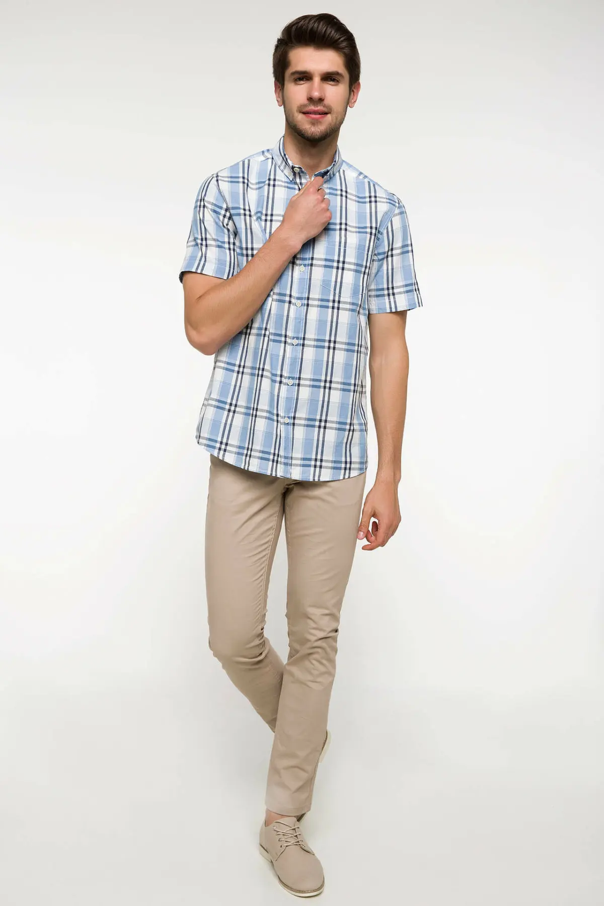 DeFacto Man Summer Plaids Short Sleeve Shirt Men Smart Casual White Grids Top Shirts-I7874AZ18SM | Мужская одежда