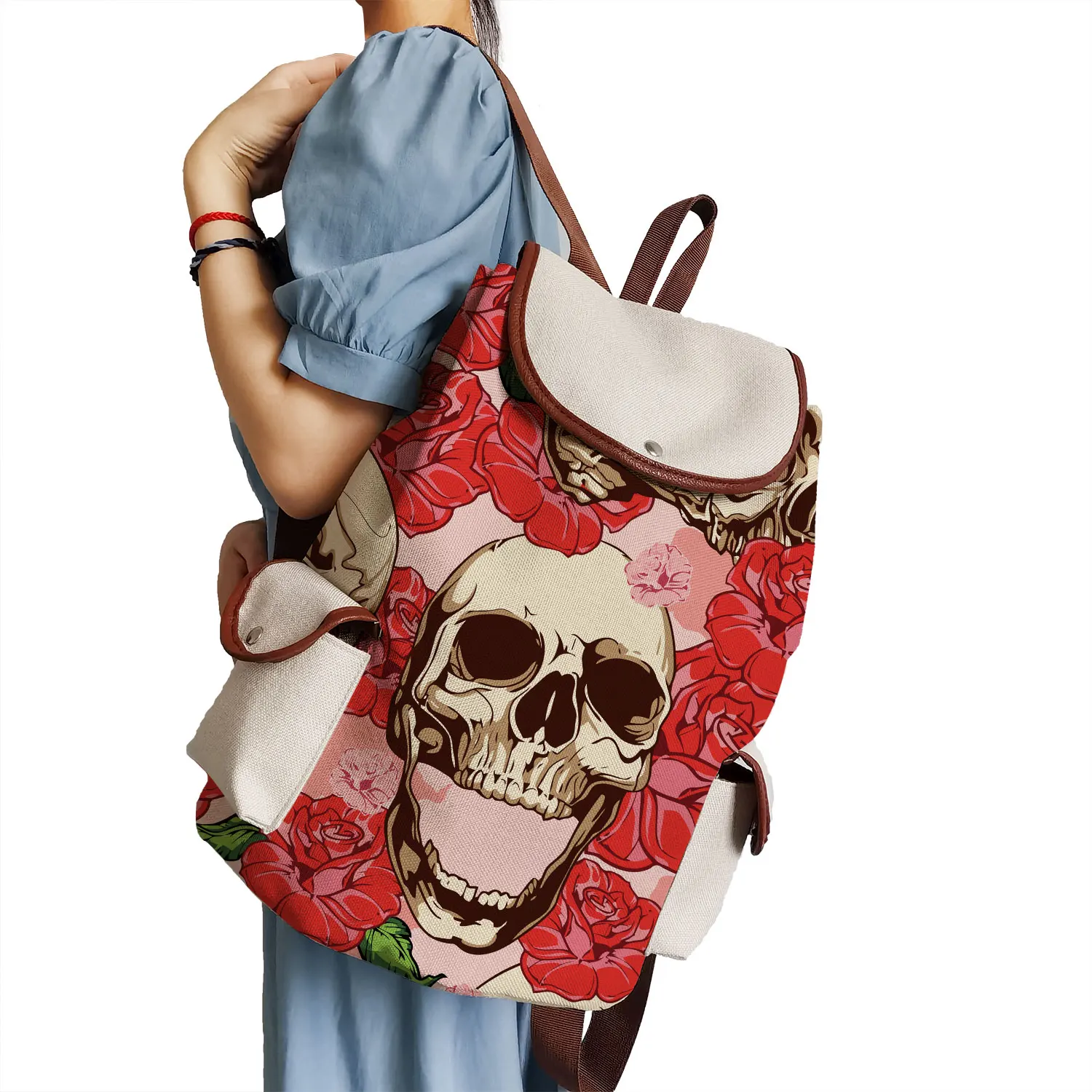 

Red Floral Skull Printed Handbags Bright Colors Drawstring Backpack Cartoon Cool Halloween School Bag Large Capacity Book Bag
