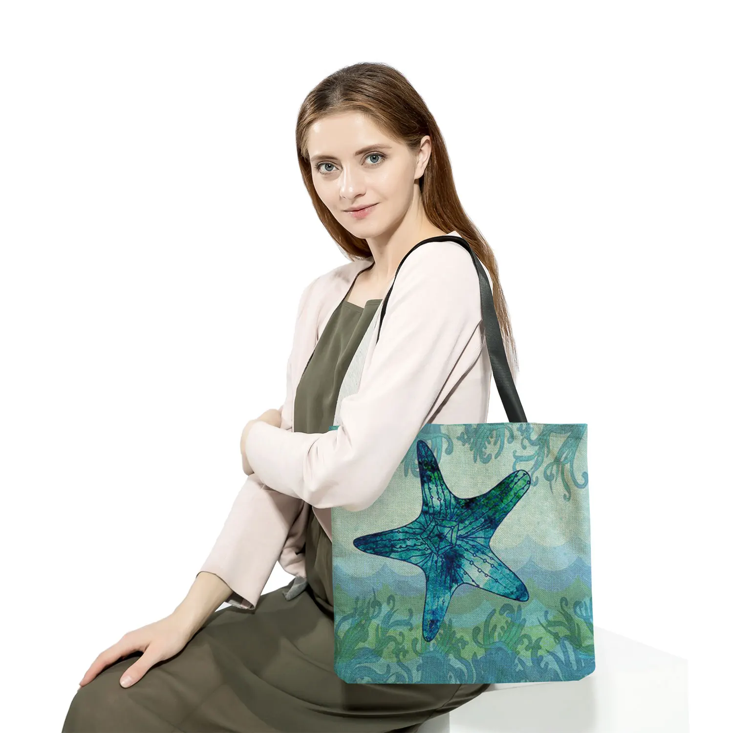 Casual Leisure Totes Bags Women Handbag Marine Animal Sea Turtle Horse Octopus Print Travel Shopping Shoulder Bag for Groceries