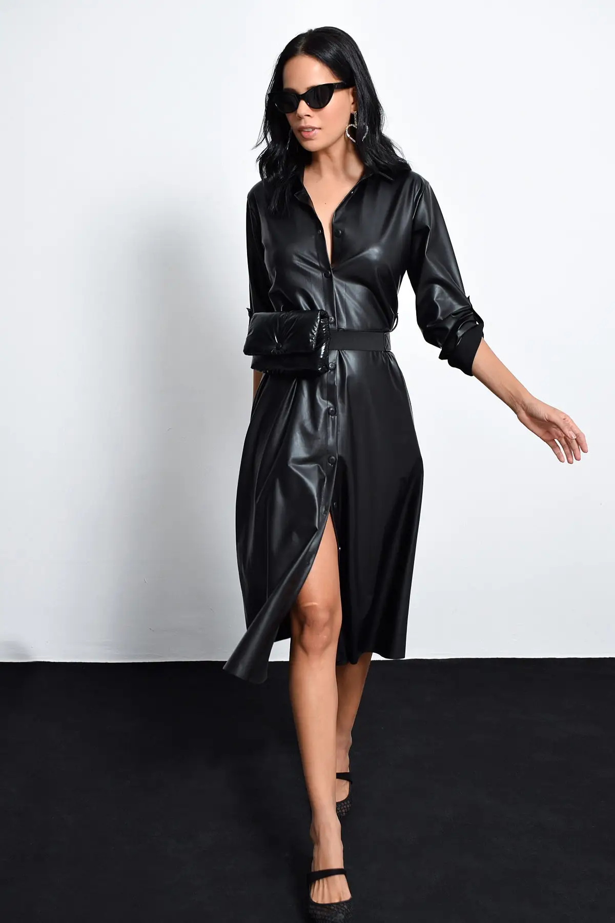 Крутое и сексуальное женское кожаное платье-рубашка yиз1597 | Женская одежда