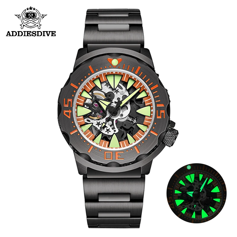 

Addiesdive Skeleton Automatic Watch Monster Hollow Homage PVD Black Case NH38 Movement 42mm Dial C3 Lume 20Bar Heren Horloge