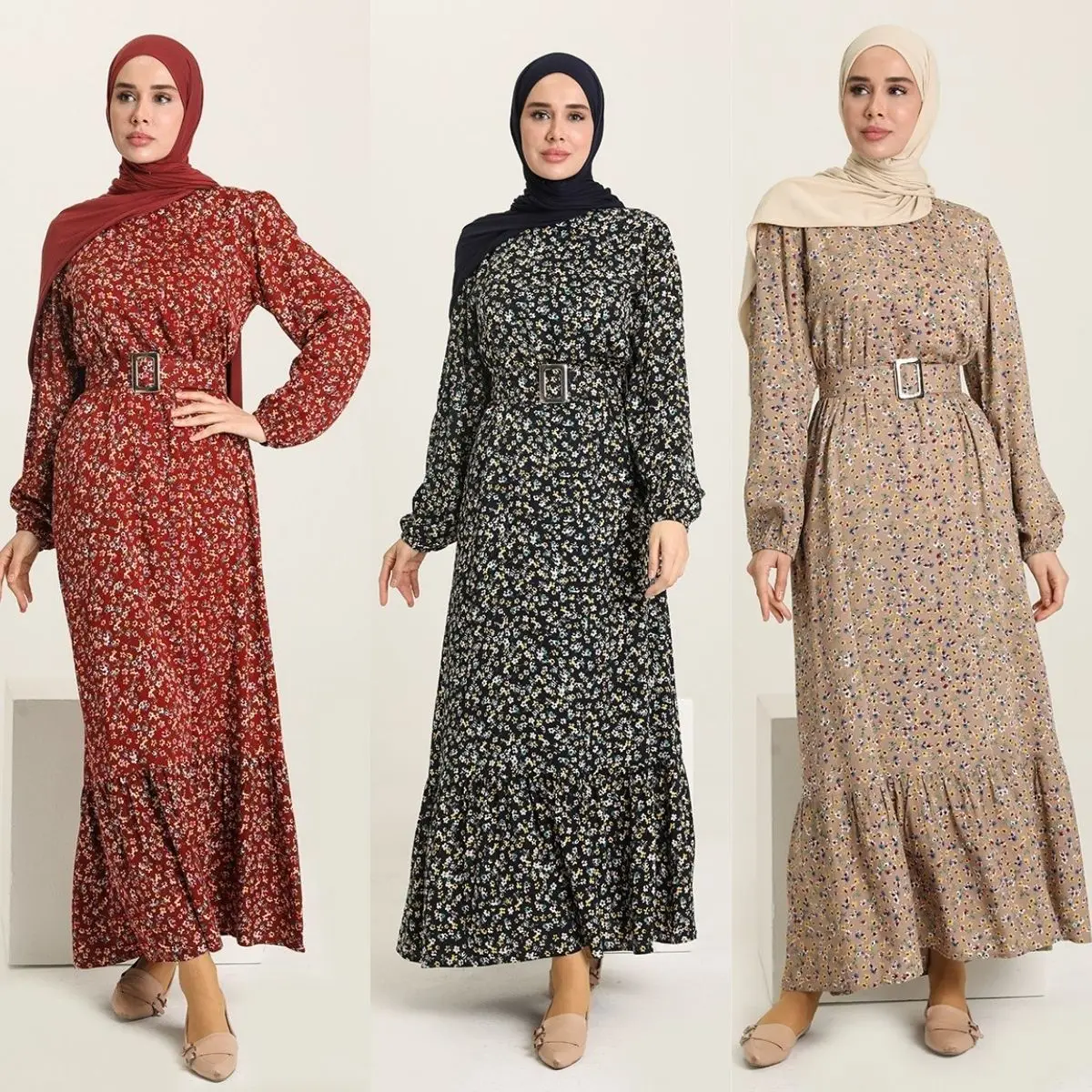 

Pattern Dress Floral Long Sleeve Zero Collar Seasonal Summer Winter Belted Women Muslim Fashion Hijab Islam Turkey Dubai