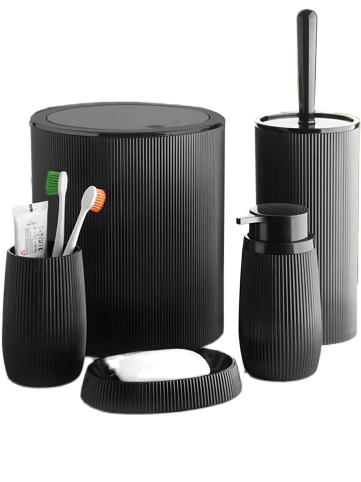 quality lux 5 pcs black bathroom accessories set striped pattern toothbrush holder toilet brush liquid soap dispenser soapholder free global shipping
