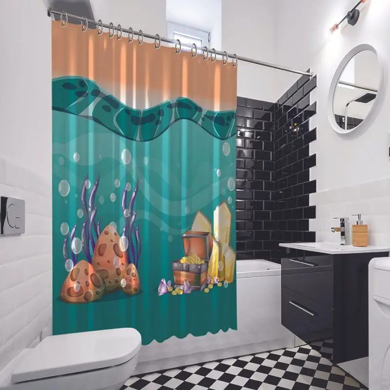 Занавеска для душа Мультяшные подводные камни и золото в деревянной коробке