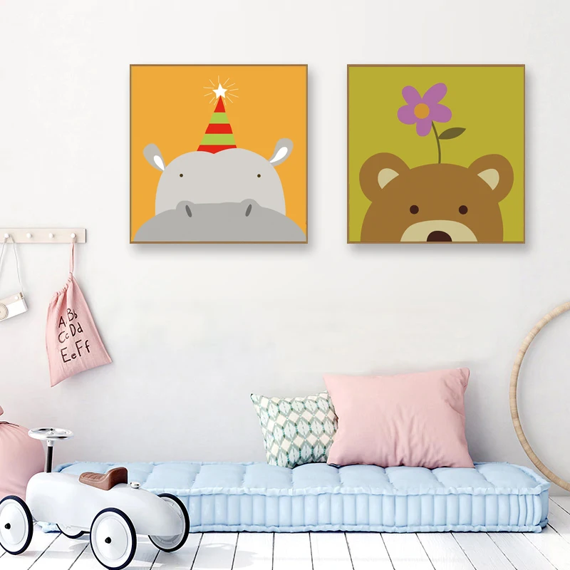 

Hippo Bear Canvas Child Poster Rabbit Nursery Wall Art Picture Print Forest Animal Painting Nordic Kids Room Home Decoration