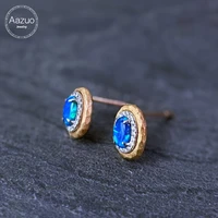 aazuo 18k yellow gold real natural blue opal real diamonds oval stud earrings for woman girl wedding engagement party au750
