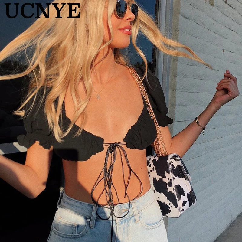 

Ucnye sleeve square neck white black shirt sexy tank top crop top women tops summer 2020 spring lace up shirts femme ins style