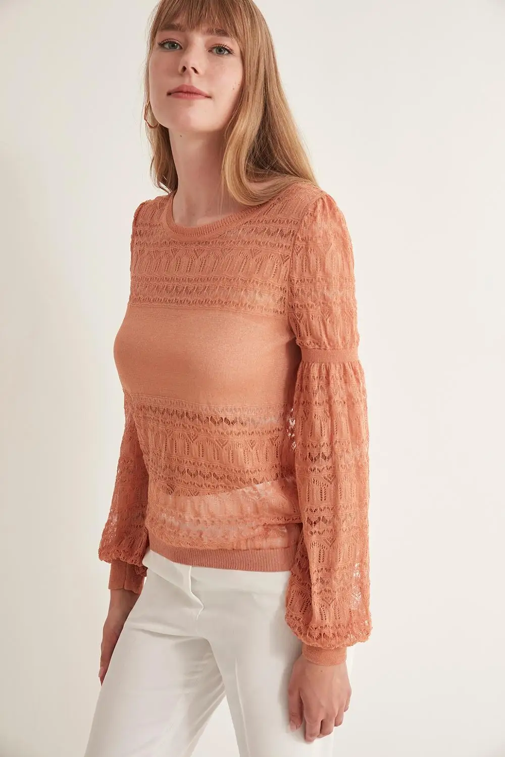 AJURLU TRANSPARAN BALLOON SLEEVE KNITWEAR BLUZ