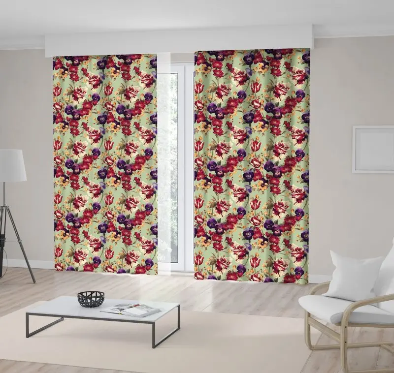 

Curtain Floral Pattern Red Purple FlowersTulips Pansy and we are Glad to offer on Green Watercolor Style Art Printed
