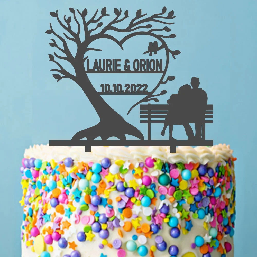 

Couple On the Bench Wedding Tree Cake Topper Custom Your Name and Date Personalized Cake Name Topper