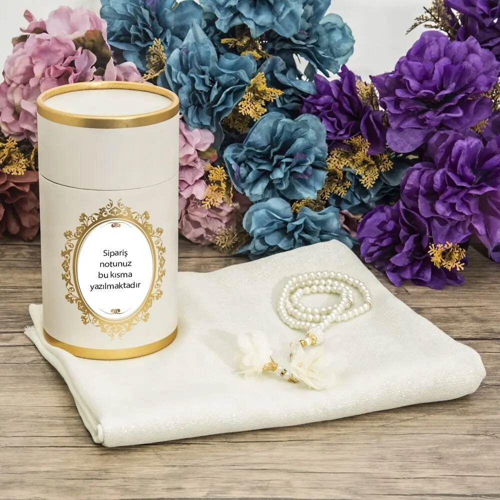 GREAT GIFT Mevlüt gift package (prayer carpet,Gift Luxury Shawl - Pearl Rosary - Cylinder Box Cream Gift Sسجاد صل  FREE SHİPPİNG