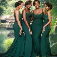 2021 sexy emerald green african mermaid bridesmaid dresses sweep train lace appliques spandex wedding guest dress maid of honor