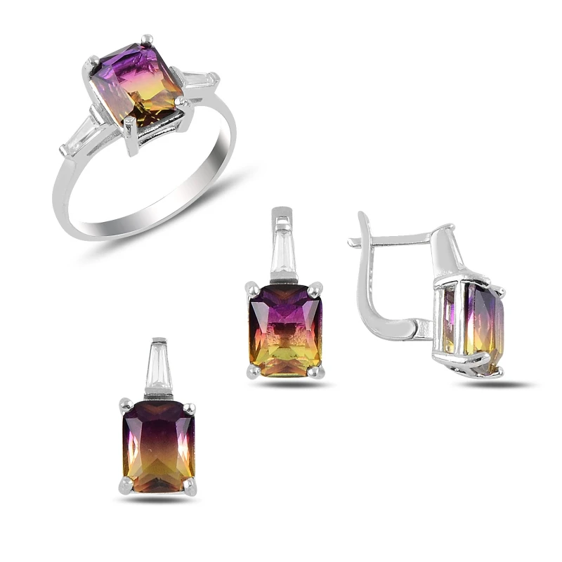 

Silver 925 Sterling Ametrin Zircon Cubic Zirconia Solitaire Set