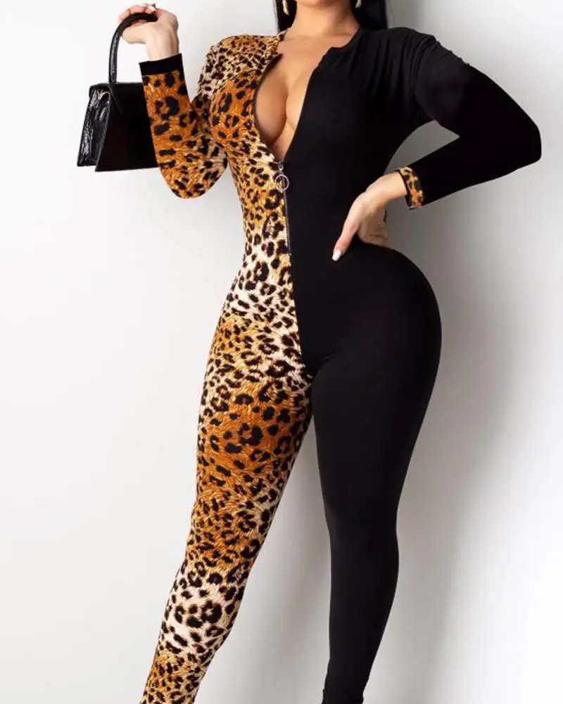 2020 Women Sexy Elegant Fashion Notched Neck Leopard Contrast Jumpsuit Long Sleeve Patchwork Casual Party Jumpsuit Female Spring