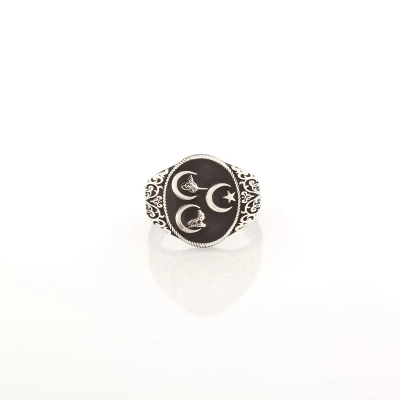 

925 Sterling Three Crescent Designs Silver Ring Fashion Turkish Premium Quality Handmade Jawelery