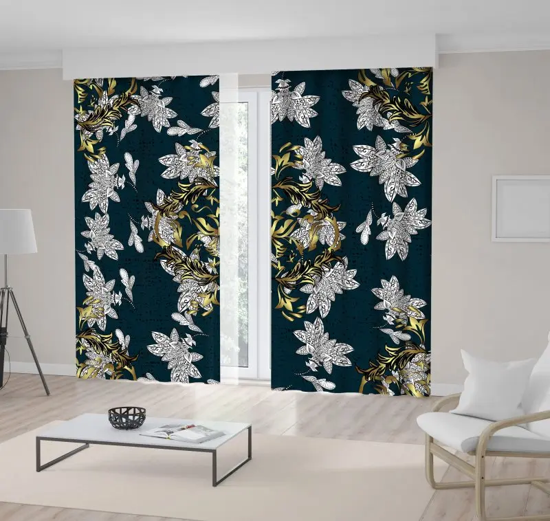 

Curtain of Classic Floral Golden Pattern on Dark Blue Background Oriental Ornament Baroque Style Artwork Gray Yellow