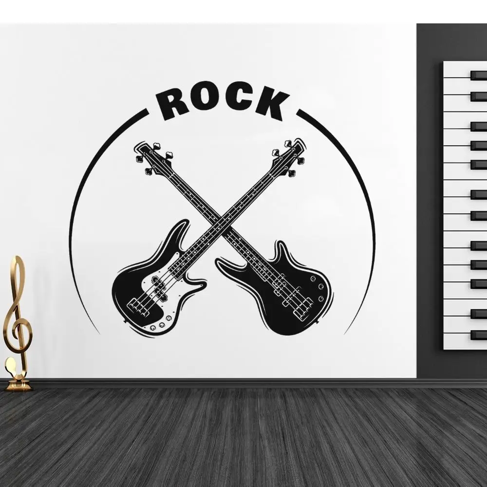 

Crossed Bass And Electric Guitar Rock Shop Decal Wall Sticker Art Musical Instrument For Music Room Decoration Removable A002184
