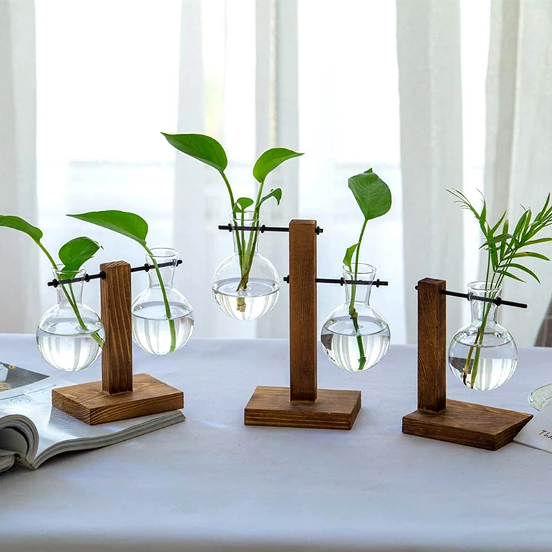 Terrarium Hydroponic Plant Vases Vintage Transparent Flower Pot Wooden Frame Glass Hanging Pots Tabletop Plants Home Bonsai |