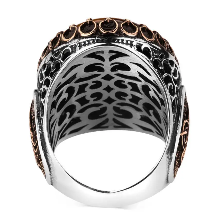 

925 Sterling Large Silver Tughra Mens Ring with Tigereye Stone Fashion Turkish Premium Quality Handmade Jawelery
