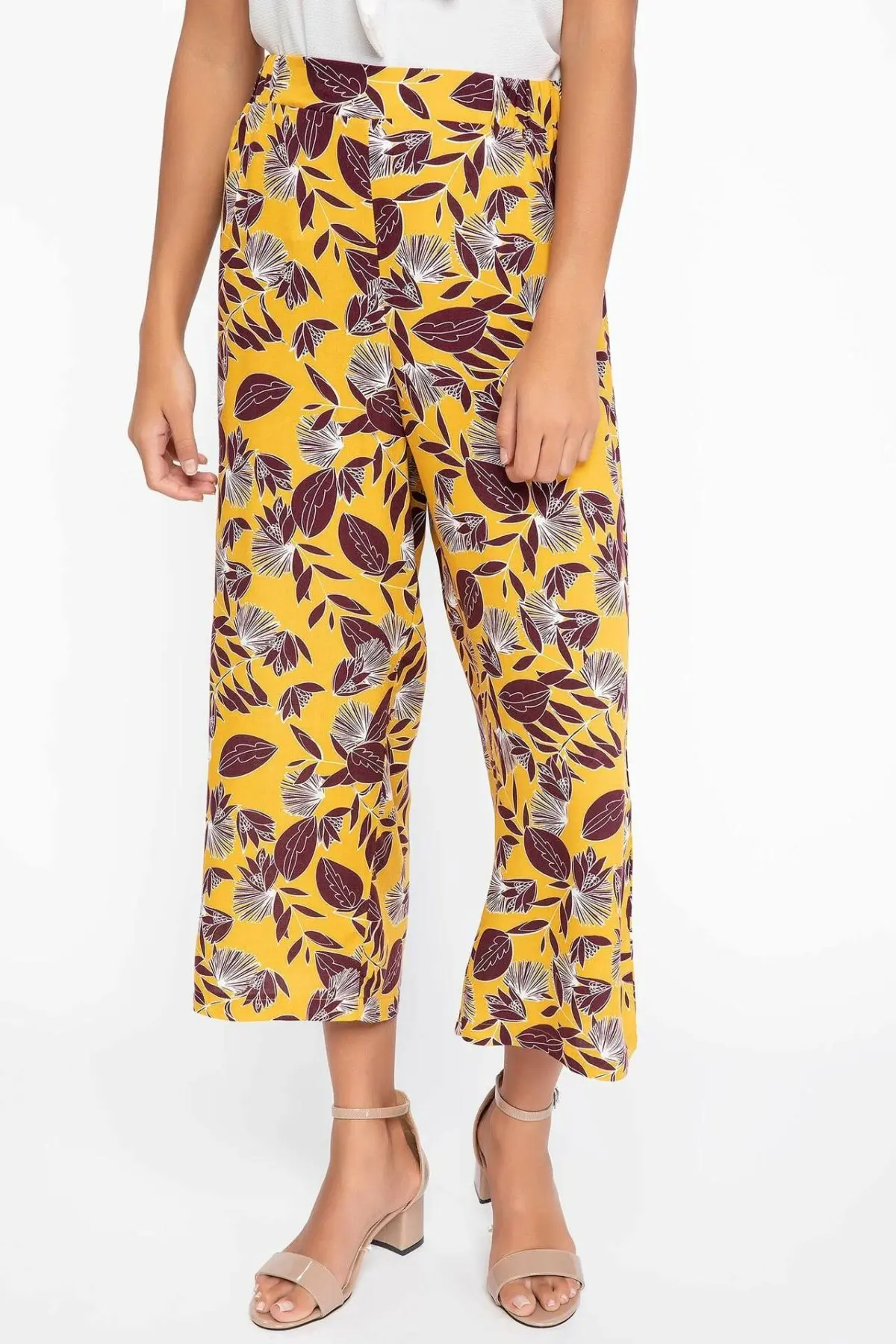 DeFacto женские повседневные брюки длинные с принтом в виде листьев желтые
